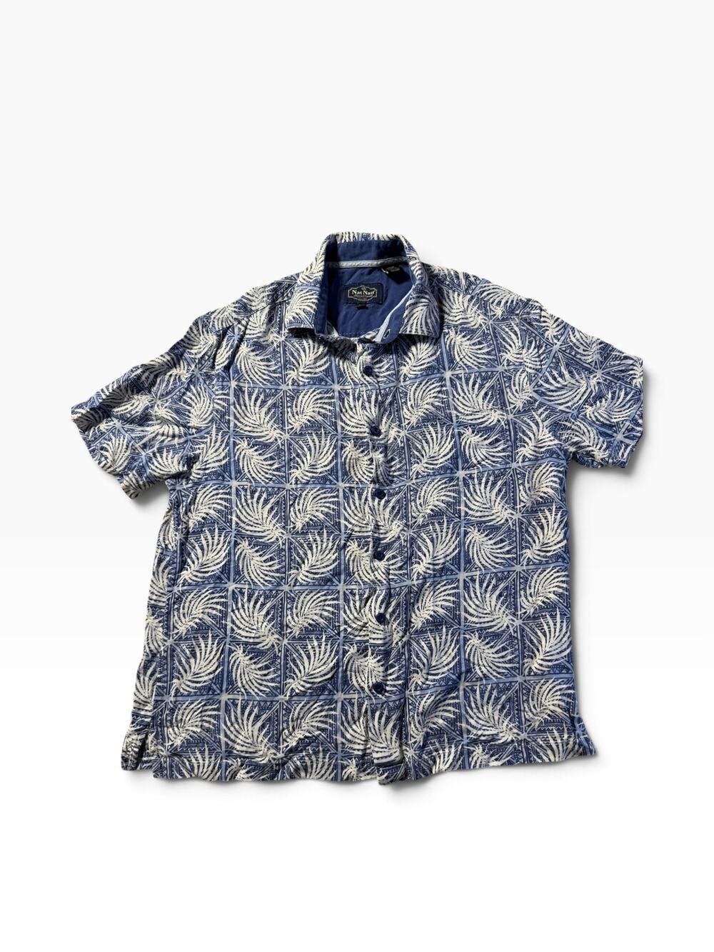Nat Nast Luxury Originals Shirt Men M Blue White Tropical Silk Cotton Hawaiian